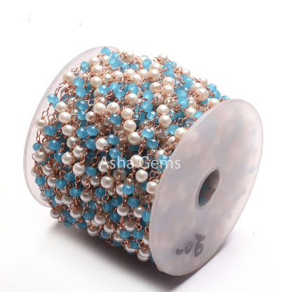 Beautiful Pearl Blue Chalcedony Hydro Faceted Rondelle Beads Rosary Chain Rose Gold Plated Copper Wire Wrap handmade Chain Jewelry Necklace