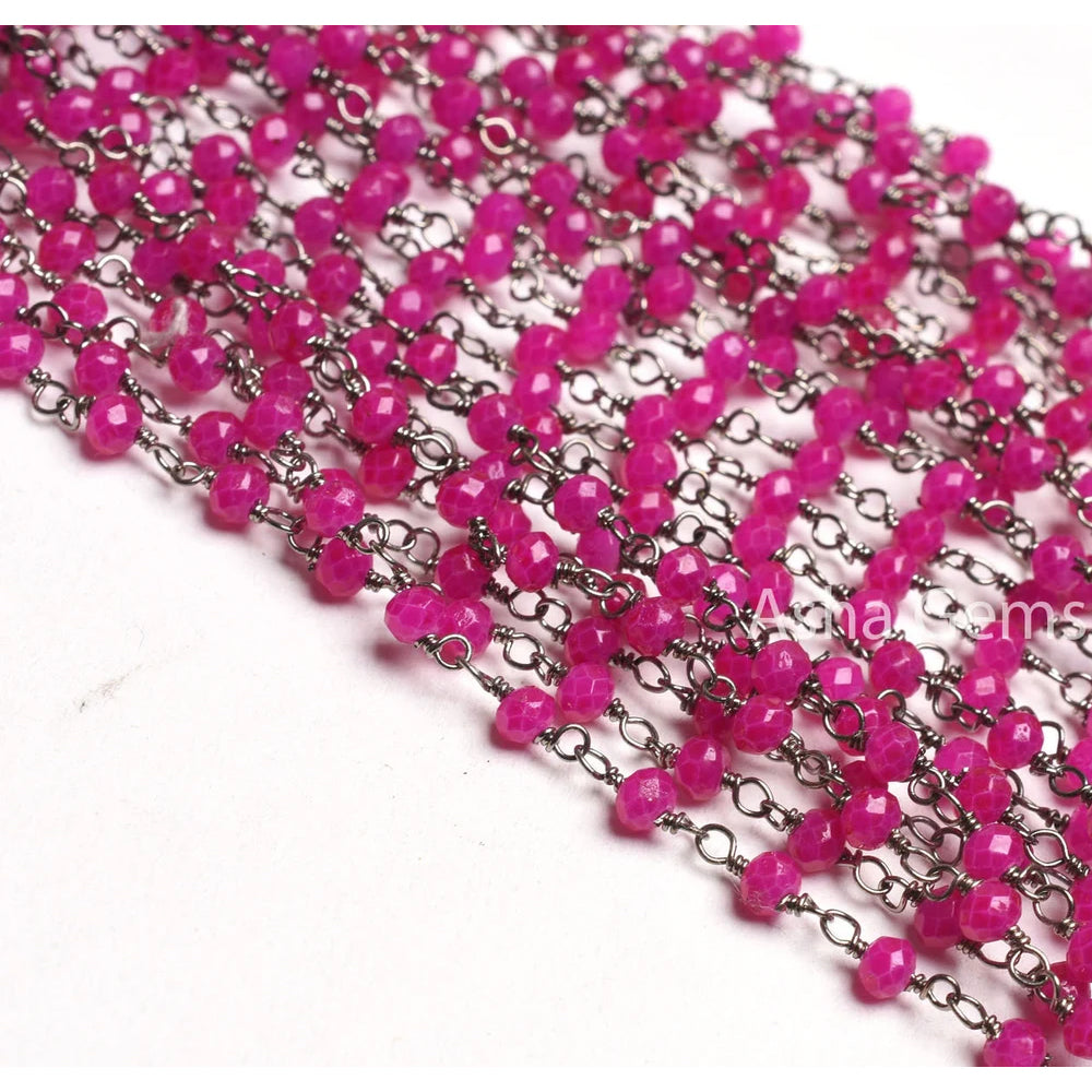 Pink Chalcedony Hydro Faceted Rondelle Rosary Chain Black Plated Wire 3,5,10 Feet Jewelry Making Finding Wire Wrapped Chain For Craft Making