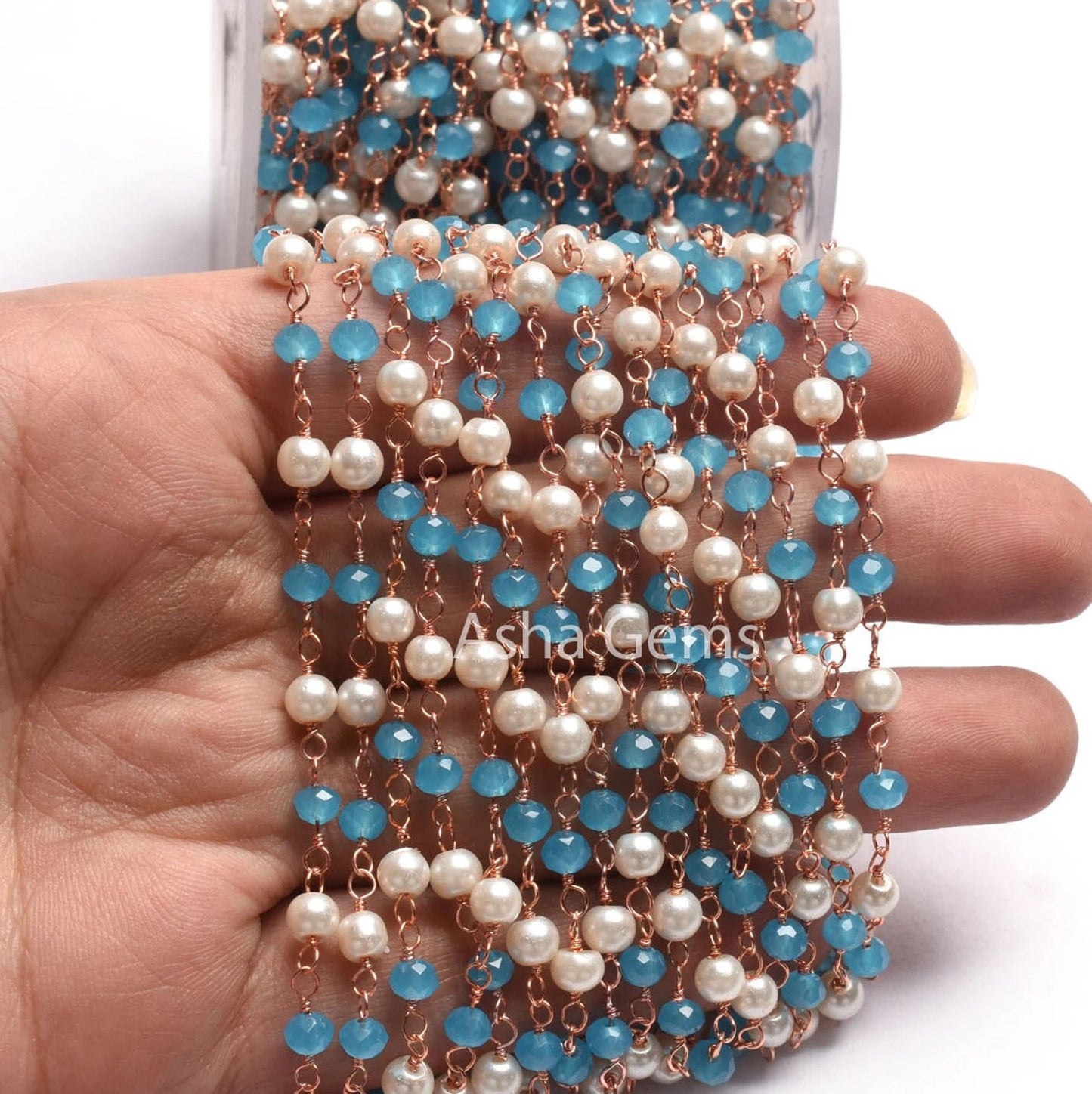 Beautiful Pearl Blue Chalcedony Hydro Faceted Rondelle Beads Rosary Chain Rose Gold Plated Copper Wire Wrap handmade Chain Jewelry Necklace