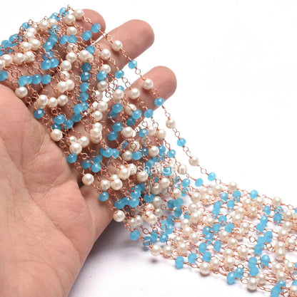 Beautiful Pearl Blue Chalcedony Hydro Faceted Rondelle Beads Rosary Chain Rose Gold Plated Copper Wire Wrap handmade Chain Jewelry Necklace