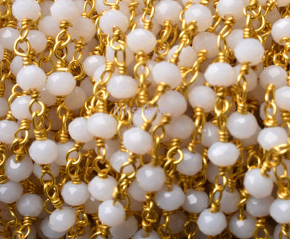 Beautiful White Agate Hydro Rondelle Faceted Beads Rosary Chain,3-3.5 mm Gold Plated Wire Wrap Beaded handmade Chain Rosary Jewelry Necklace