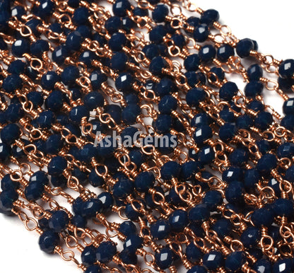 1,3,5,10,25 Feet Blue Sapphire Hydro Faceted Rondelle Beaded Rosary Chain,Rose Gold Metal Wire,Jewelry Making Finding,Chain 3-3.5mm SALE