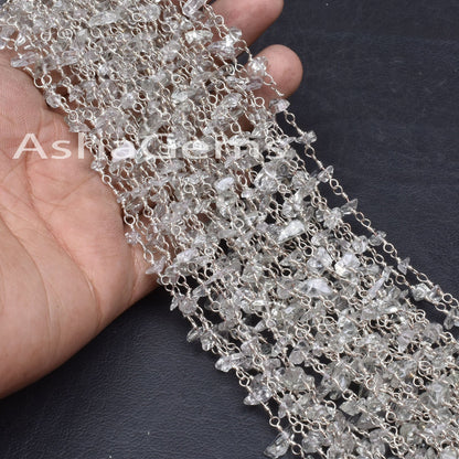 Natural Green amethyst Uncut Chip Beads Rosary Chain Silver Plated Wire Wrap Amethyst Tiny Nugget Beaded Handmade Chain Jewelry Making Craft