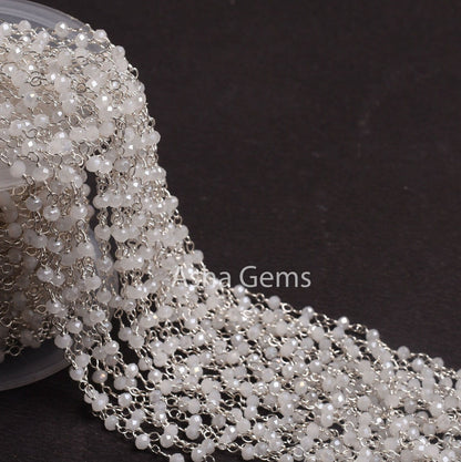 Beautiful White Moonstone Coated Hydro Beads Rosary Chain 1,5,10,50Ft Silver Plated, Wire Wrap Chain, Jewelry Making Beads Rosary Chain SALE