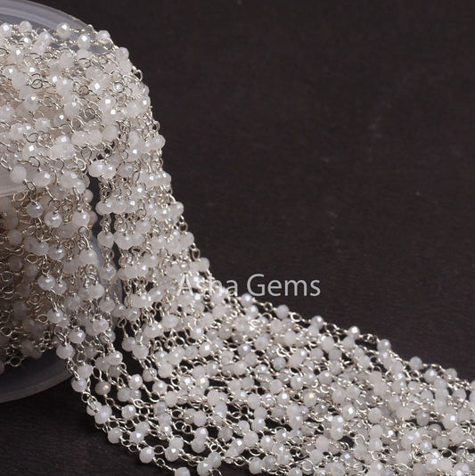 Beautiful White Moonstone Coated Hydro Beads Rosary Chain 1,5,10,50Ft Silver Plated, Wire Wrap Chain, Jewelry Making Beads Rosary Chain SALE
