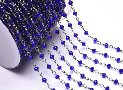 Royal Blue Quartz Hydro Faceted Beads Chain 1-50 Feet Black Metal Plated Wire Chain, 3-3.5 mm Gunmetal Jewelry Making Rosary Chain