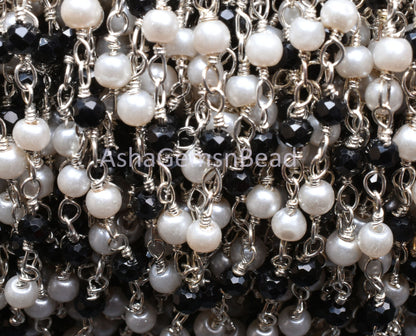 3,5,10,50 Feet Chain, Black spinel Hydro Pearl Beads Rosary Chain, Silver Plated Wire Bulk Roll Finding faceted Rondelle Beaded Rosary Chain