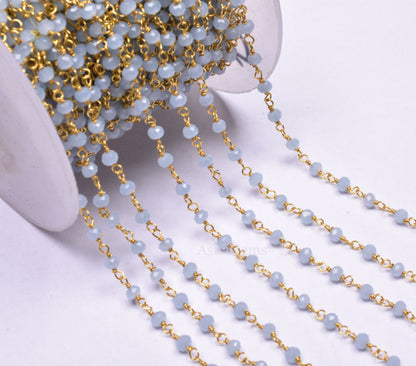 3,5,10 Feet,Aquamarine Hydro Faceted Rondelle Beaded Rosary Chain Gold Plated,Jewelry Making, Finding, Wire Wrapped Chain,3-3.5 mm