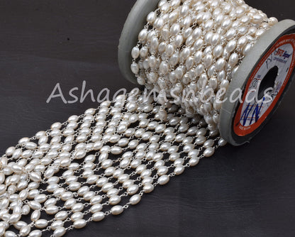 1,3,5,25 Ft Beautiful Rice Pearl Hydro Smooth Beaded Rosary Chain Pearl Hydro Silver Gold Plated Chain,Bulk Roll Wire Wrap Rosary Chain SALE