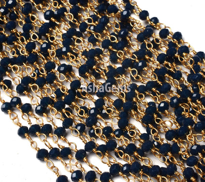 1,3,5,10,50 Ft Blue Sapphire Hydro Faceted Rondelle Beaded Rosary Chain,Gold Plated,Jewelry Making,Rosary Chain 3-3.5mm, Wire Wrapped Chain