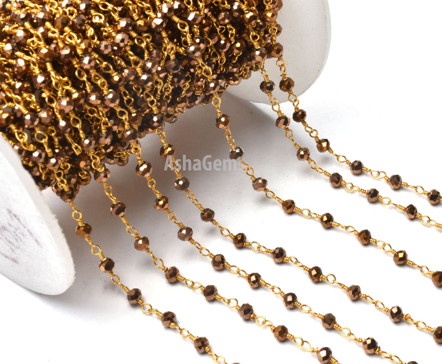 3,5,10,50 Feet Gold Pyrite Hydro Faceted Rondelle Beaded Rosary Chain,3mm,Gold Plated,Wire Wrapped Chain,Finding,Jewelry Making,Rosary Chain