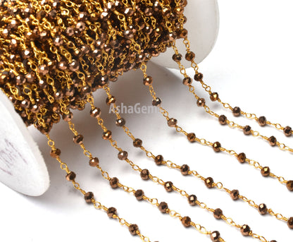 3,5,10,50 Feet Gold Pyrite Hydro Faceted Rondelle Beaded Rosary Chain,3mm,Gold Plated,Wire Wrapped Chain,Finding,Jewelry Making,Rosary Chain