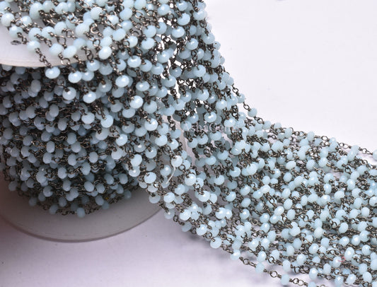 AAA Aqua Chalcedony Hydro Faceted Rondelle Shape Beads Rosary Chain Black Plated Gunmetal Wire 3 mm Beaded Chain Jewelry Making Crafts SALE