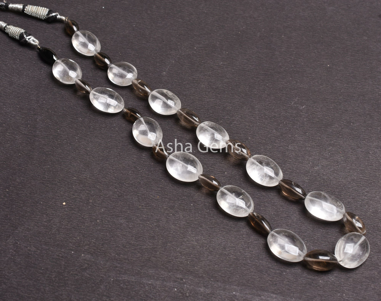 Fine Natural White Crystal Oval + Smoky Loi Shape Smooth Beads Necklace,17 Inch Multi Quartz Plain Handmade Gemstone Fancy Bead Jewelry SALE