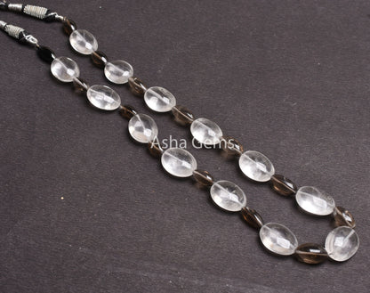 Fine Natural White Crystal Oval + Smoky Loi Shape Smooth Beads Necklace,17 Inch Multi Quartz Plain Handmade Gemstone Fancy Bead Jewelry SALE