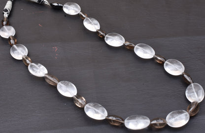 Fine Natural White Crystal Oval + Smoky Loi Shape Smooth Beads Necklace,17 Inch Multi Quartz Plain Handmade Gemstone Fancy Bead Jewelry SALE