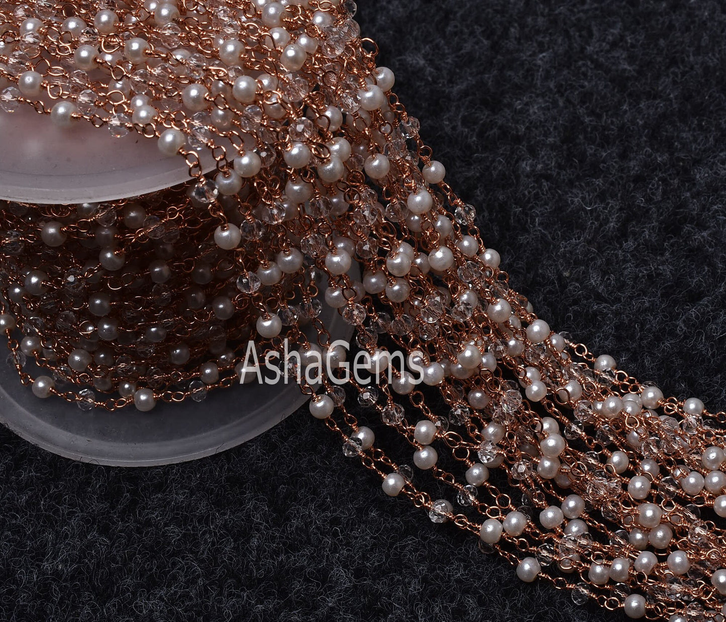 Beautiful Pearl Crystal Quartz Hydro Beads Rosary Chain, Rose gold Plated Copper Wire Wrap Faceted Beaded Chain Necklace Jewelry making SALE