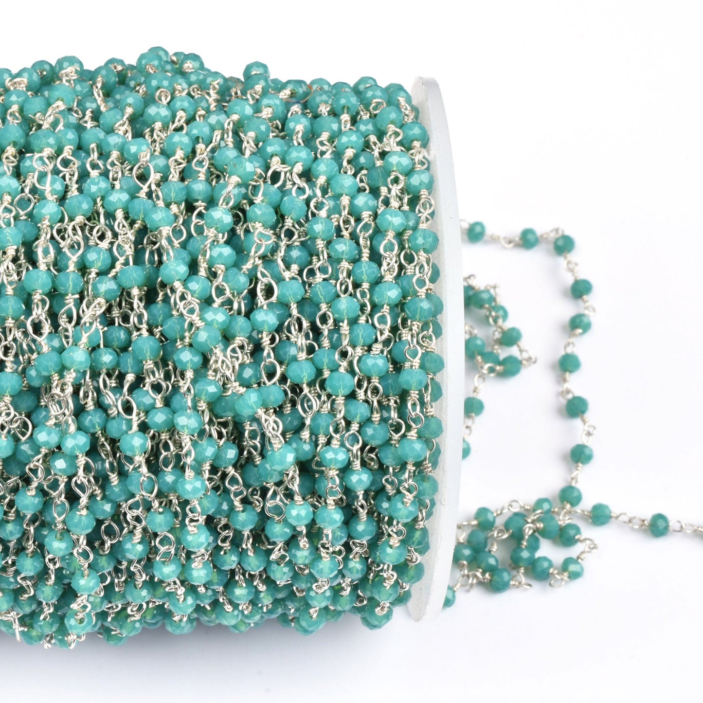 AAA Amazonite Hydro Faceted Rondelle Beads Rosary Chain, Silver, Gunmetal Plated Wire Wrap Beaded Handmade Chain Jewelry making Necklace 3mm