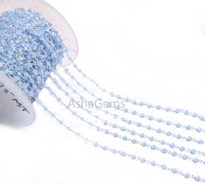 1,5,50 Aqua Blue Chalcedony Hydro Rondelle Faceted Beads Rosary Chain,3mm Silver  Plated Wire Wrap Beaded  Chains Jewelry Necklace