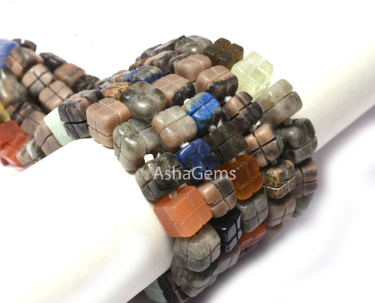 Beautiful Multi Color Gemstone Carved Box Shape Beads,9-10 mm, Disco Cube Box Carving Beads, Mix Color Carve 3D Cube Box Bead Jewelry Making