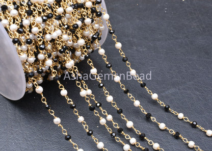 1,5,10,25 feet Beautiful Pearl, Black Spinel Hydro Beads Rosary Chain, Spinel Pearl Hydro Rondelle Beaded Chain, Gold Plated Wire Bulk Roll