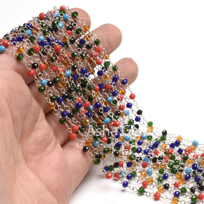 Multi Disco Hydro Beads Rosary Chain Silver Plated Wire Wrap Chain Roll,3mm Mix Color Beaded Faceted Rondelle Chain By Feet Jewelry Necklace