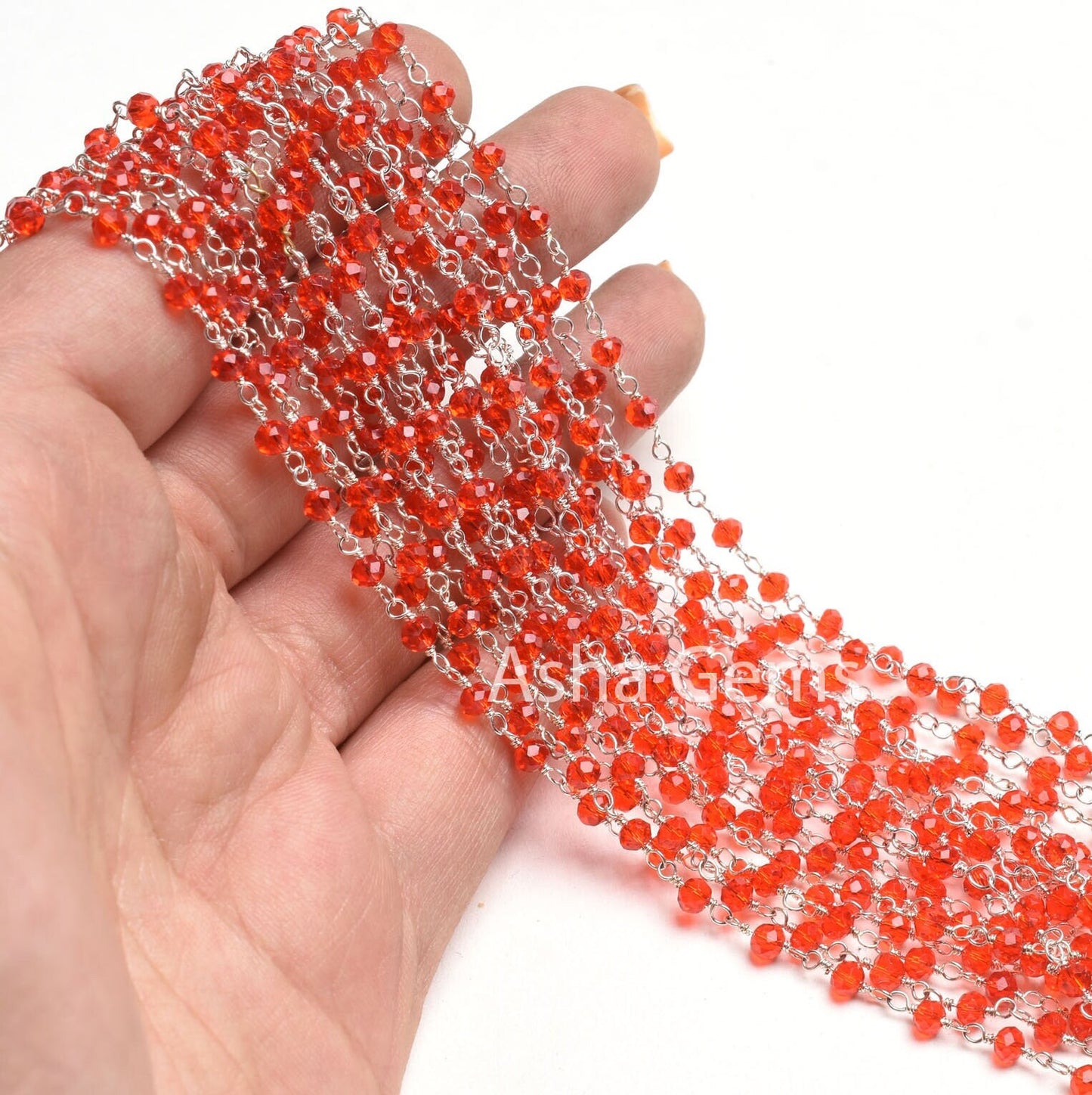 Beautiful Cherry Red Quartz Hydro Faceted Rondelle Beads Rosary Chain Silver Plated Wire Beaded Chain 1,5,10,50 Ft Bulk Supply Jewelry Chain