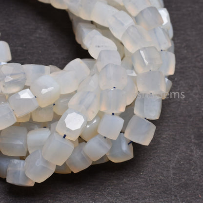 8" Strand White Chalcedony Faceted Cube Gemstone Beads, Natural Chalcedony Indian Cut 3D Cube Box Center Drill Bead Chalcedony Beads Jewelry
