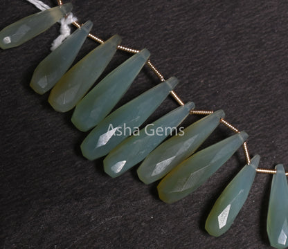 Fine Sea Green Chalcedony faceted Long Drops Gemstone Beads, Both Side Loop Opaque Aqua Chalcedony Fancy Pencil Teardrop Bead Jewelry Crafts