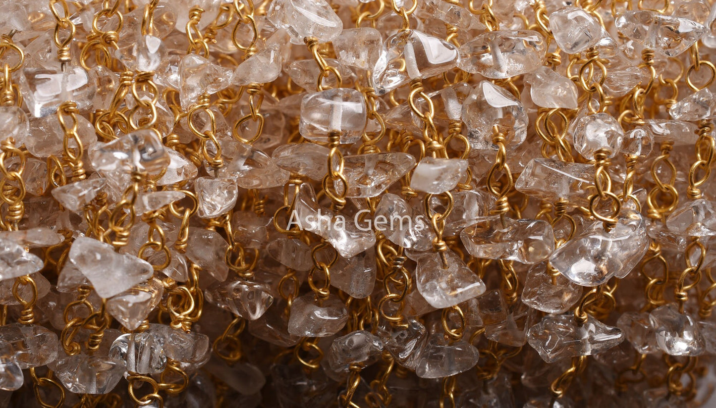 Beautiful Crystal Quartz Smooth Uncut Rosary Chain, Gold Plated Wire Wrap Gemstone Beaded handmade Chain Jewelry Making Necklace Craft SALE.