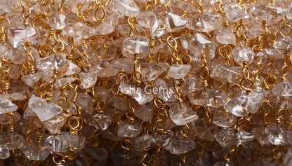 Beautiful Crystal Quartz Smooth Uncut Rosary Chain, Gold Plated Wire Wrap Gemstone Beaded handmade Chain Jewelry Making Necklace Craft SALE.