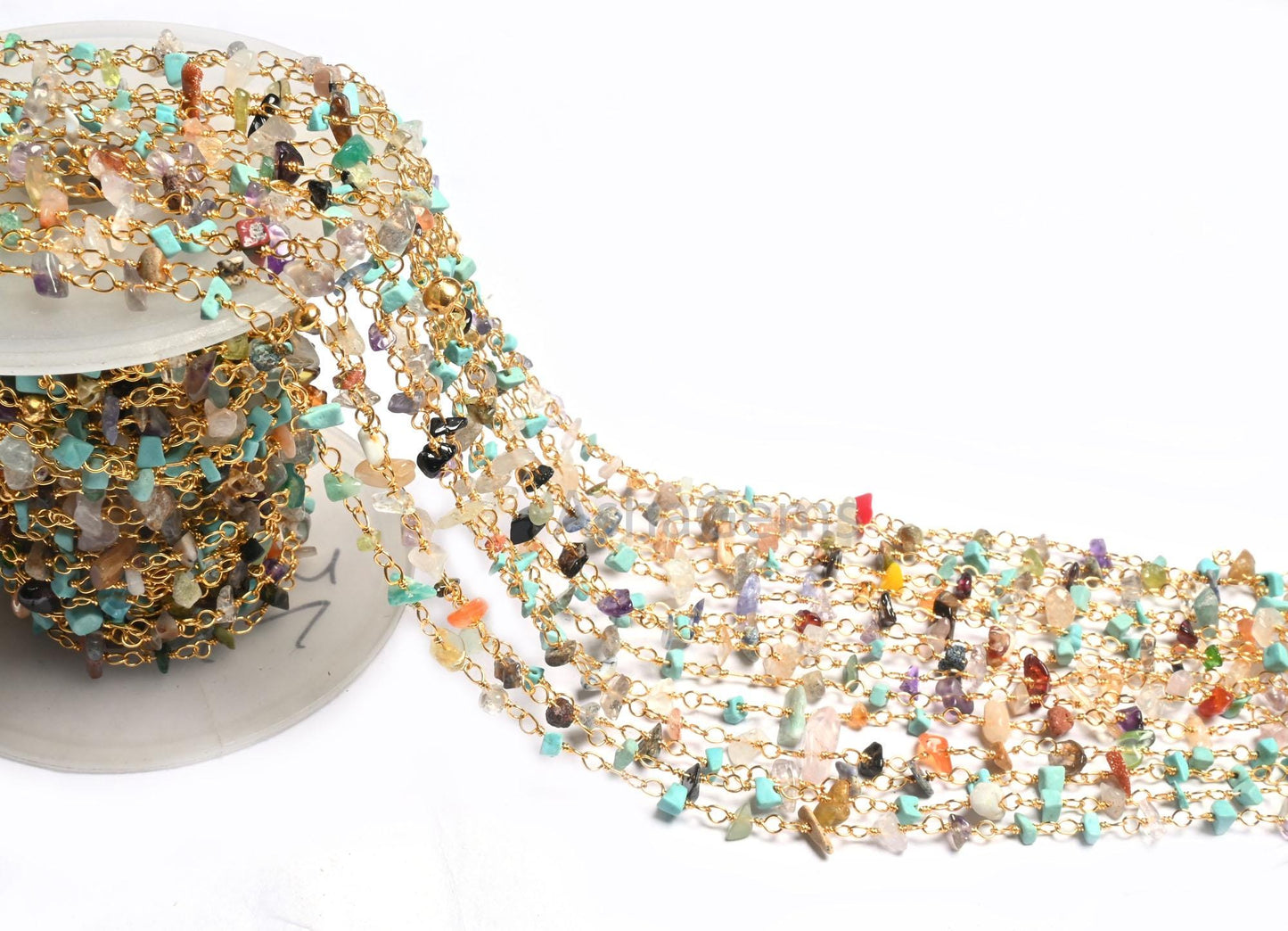 1,3,5,10 Feet Chain Natural Gemstone Multi Color Beads Rosary Chain Gold Plating Wire Disco Uncut Chip Beaded Rosary Chains Finding Jewelry