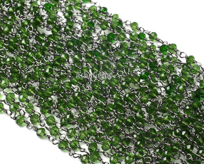 3,5,10,25 Ft,Chrome Diopside Hydro Faceted Rondelle Beaded Rosary Chain ,Black Metal Plated,Jewelry Making,Gunmetal Chain,3-3.5mm