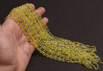 AAA Lemon Quartz Hydro Micro Cut Beads Rosary Chain,3mm Silver Plated wire Wrap Rondelle Beaded handmade Chain Jewelry making Necklace Craft
