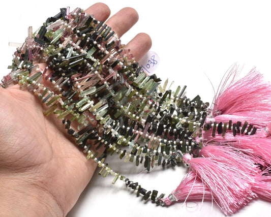 Fine Multi Pink Green Tourmaline Pencil Shape Uneven Gemstone Beads, Real Tourmaline Smooth Raw Long Stick Rough fancy Side Drill Bead Craft