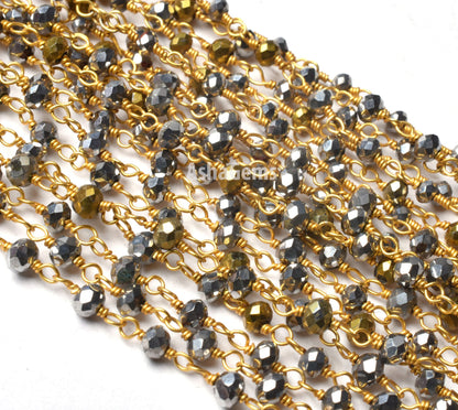 1,3,5,10 Ft, Silver Pyrite Hydro Faceted Rondelle Beaded Rosary Chain Gold Plated Wire Jewelry Making Finding,3-3.5mm Pyrite Hydro Chain