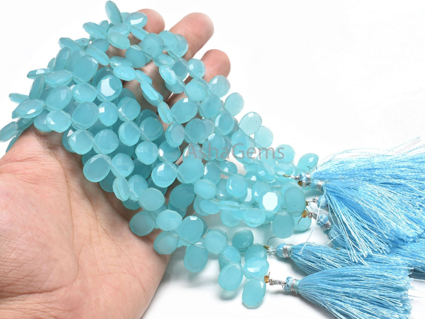 Beautiful Aqua Blue Chalcedony Hydro Fancy Shape Gemstone Beads,9-12.5 mm AAA Chalcedony Hydro Faceted Egg Shape Briolette Side Drill Beads