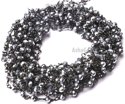 SALE AAA Silver Pyrite Hydro Faceted Rondelle Beads Rosary Chain,3 mm Black Plated Gunmetal Wire Wrap Handmade Chain Jewelry Necklace Making