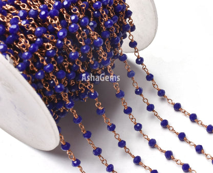 Beautiful Blue Lapis Hydro Rondelle Faceted Beads Rosary Chain,3 mm Rose Gold Plated Copper Wire Wrap Beaded Handmade Chain Jewelry makings