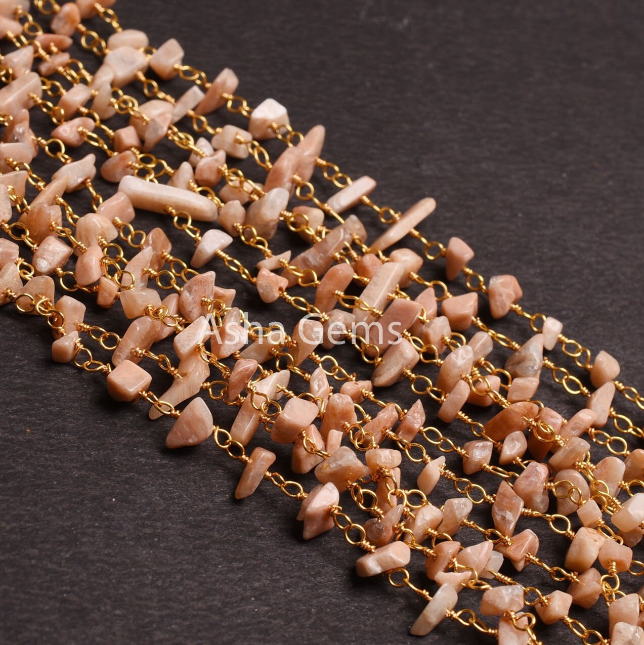 Natural Peach Moonstone Uncut Chip Beads Rosary Chain By Foot, Gold Plated Wire Wrap Moonstone Raw Rough Gemstone Beads Chain Jewelry making