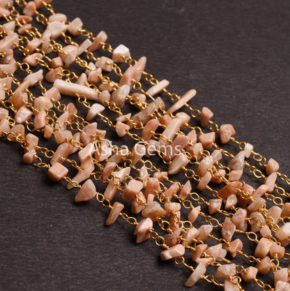 Natural Peach Moonstone Uncut Chip Beads Rosary Chain By Foot, Gold Plated Wire Wrap Moonstone Raw Rough Gemstone Beads Chain Jewelry making