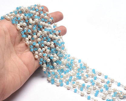 AAA Pearl Blue Chalcedony Hydro Faceted Rondelle Beads Chain Rosary Chain Silver Plated Wire Wrap Multi Color Beads Handmade Chains Jewelry