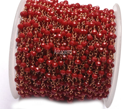 1,3,5,10,25 Feet Red onyx Hydro Faceted Rondelle Beaded Rosary Chain Rose Gold Plated, Finding,Wire Wrapped Chain Jewelry Making DIY Chain