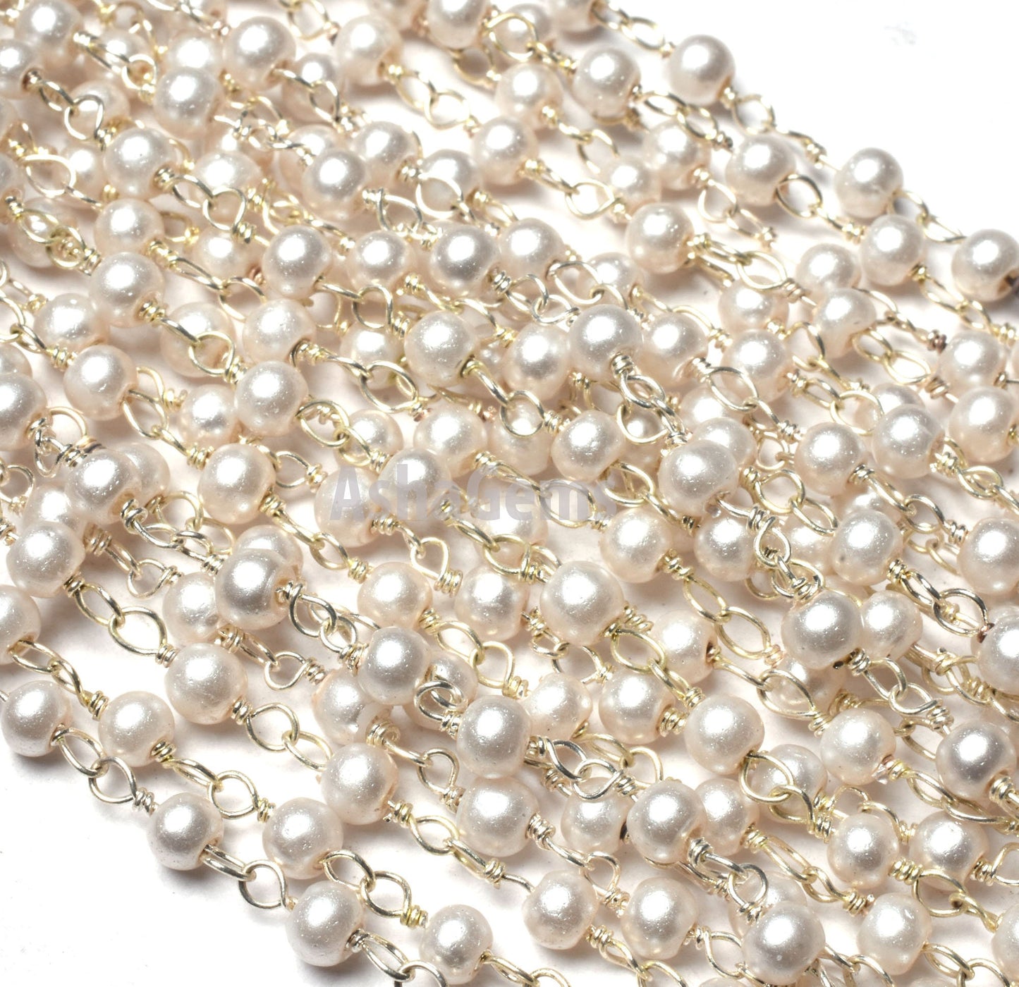 SALE 3,5,10,25 Ft White Pearl Hydro Faceted Rondelle Beaded Rosary Chain Silver Plated Wire,Jewelry Making Finding,Wire Wrapped Chain 3-3.5