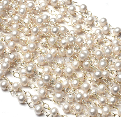 SALE 3,5,10,25 Ft White Pearl Hydro Faceted Rondelle Beaded Rosary Chain Silver Plated Wire,Jewelry Making Finding,Wire Wrapped Chain 3-3.5