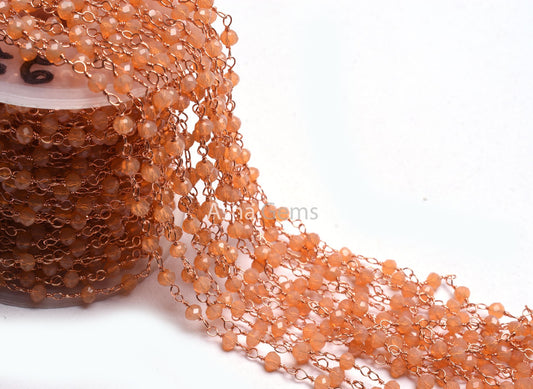 AAA Peach Moonstone Hydro Faceted Rondelle Beads Rosary Chain,4 mm Rose Gold Plated Copper Wire Wrap Beaded Handmade Chain Jewelry Necklace