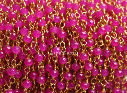 AAA Pink Chalcedony Hydro Faceted Beads Rosary Chain Gold Plated Wire Wrapped Rondelle Micro Cut Beaded handmade Chain Necklace making Craft