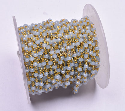 3,5,10 Feet,Aquamarine Hydro Faceted Rondelle Beaded Rosary Chain Gold Plated,Jewelry Making, Finding, Wire Wrapped Chain,3-3.5 mm