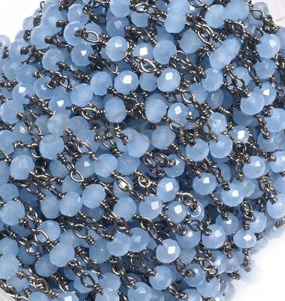 Fine Aqua Blue Chalcedony Hydro Rondelle Faceted Beads Rosary Chain,3mm Black Metal Plated Wire Wrap Beaded Gunmetal Chains Jewelry Necklace