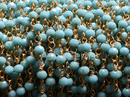 3,5,10,25 Ft,Blue Turquoise Hydro Rondelle Faceted Beaded Rosary Chain Gold Plated Wire,Jewelry Making,Finding,Size 3-3.5 mm,Bulk Roll Wire